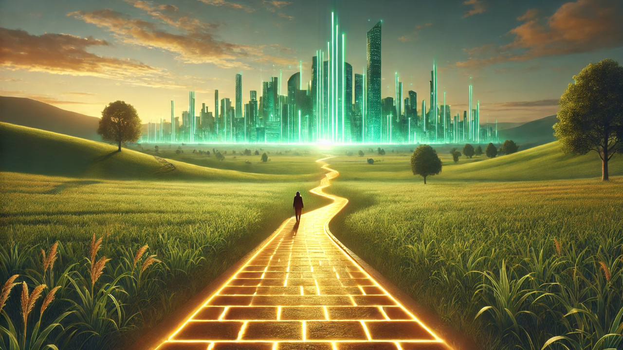A glowing golden brick pathway winding through green fields toward a futuristic city